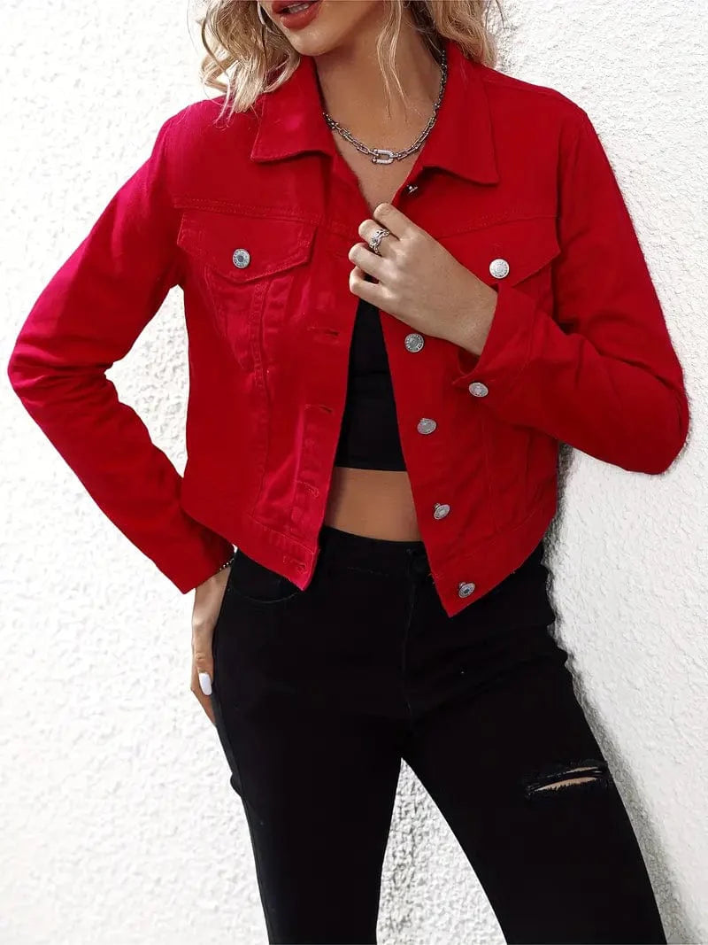 Versatile Red Denim Jacket for Women with Slim Fit
