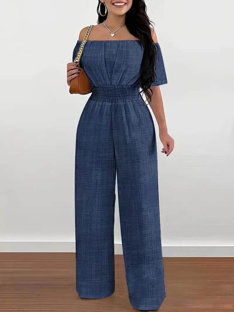 Off Shoulder Wide Leg Jumpsuit for Women: Stylish Casual Short Sleeve Outfit for Spring & Summer
