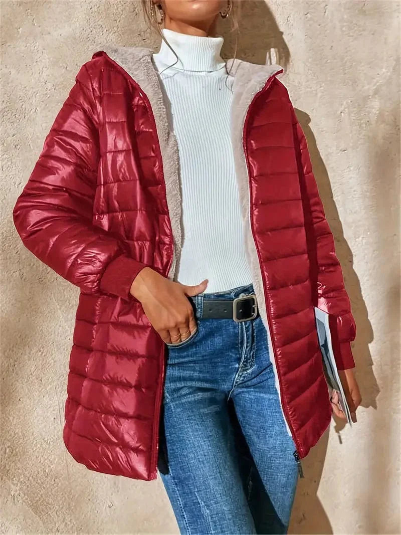 Solid Hooded Zip Up Coat for Women, Long Sleeve Winter Warm Outerwear