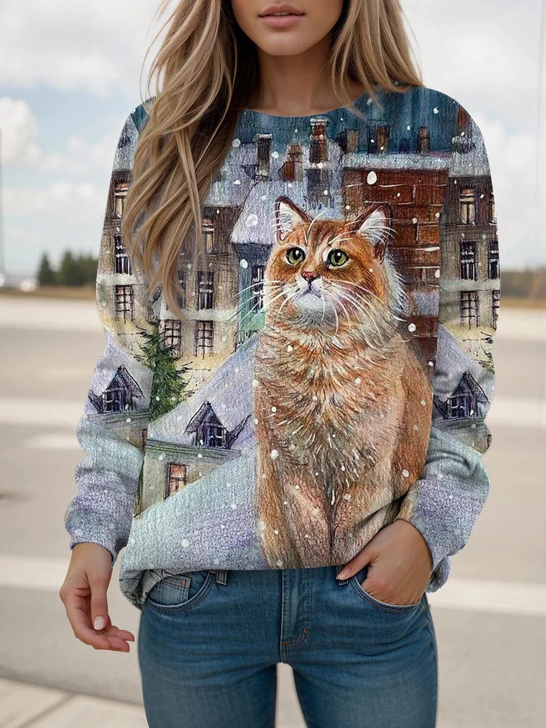 Casual Cat Print Women's Sweatshirt Pullover for Fall & Winter