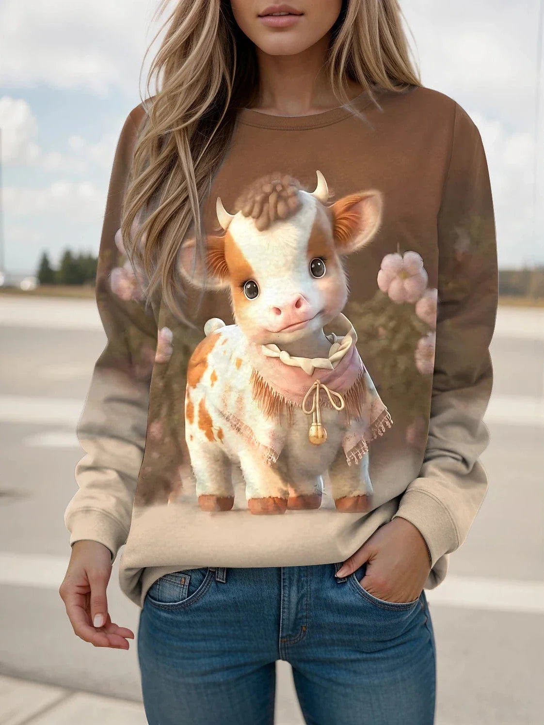 Casual Cat Print Women's Sweatshirt Pullover for Fall & Winter
