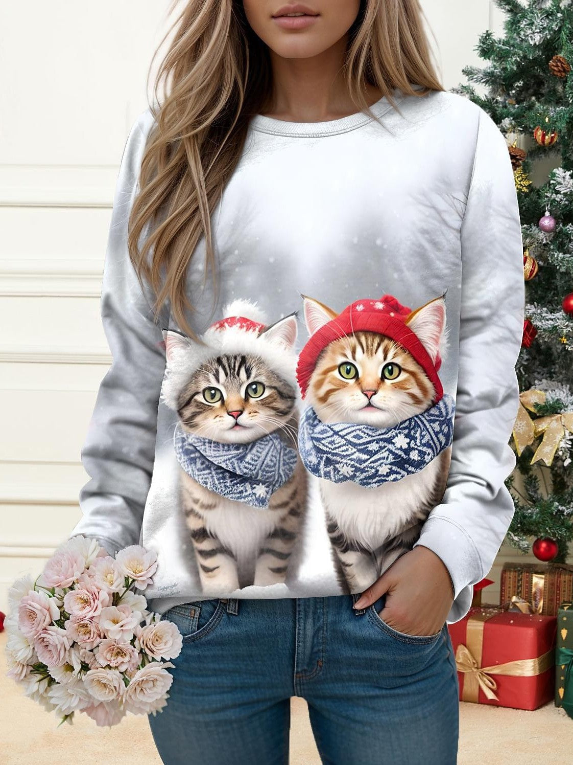 Casual Cat Print Women's Sweatshirt Pullover for Fall & Winter