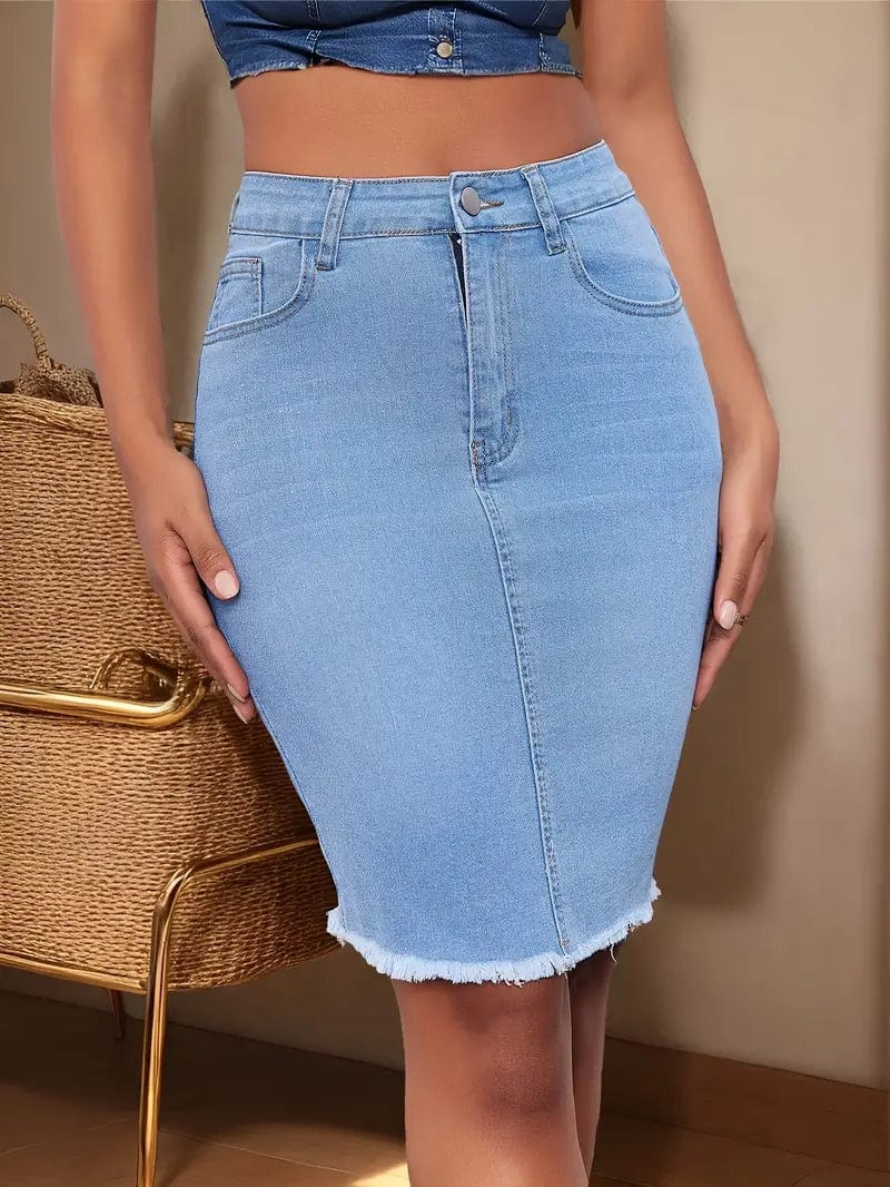 Casual Denim Skirt with Raw Hem and Slant Pockets