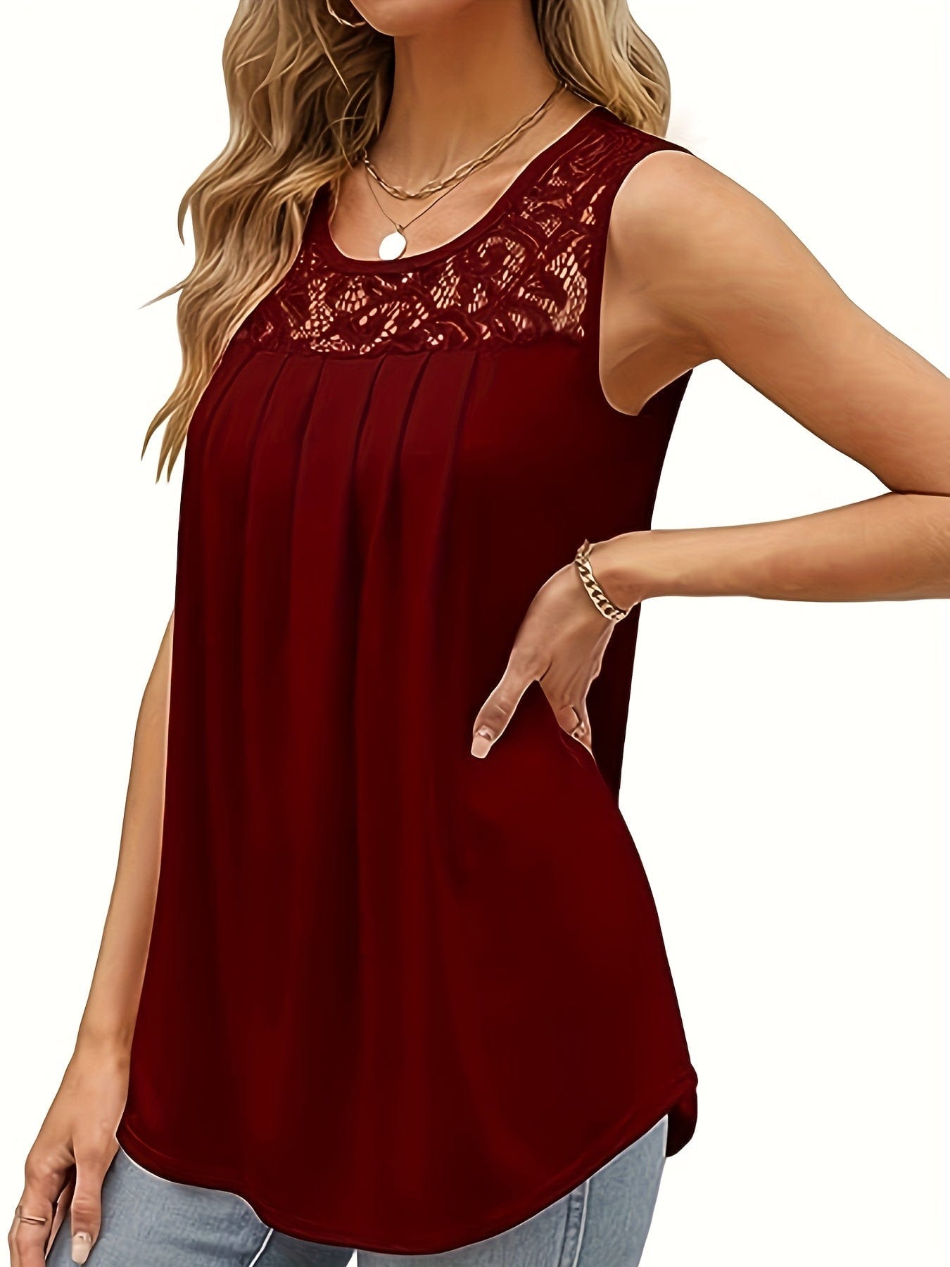 Casual Pleated Lace Stitching Sleeveless Tank Top