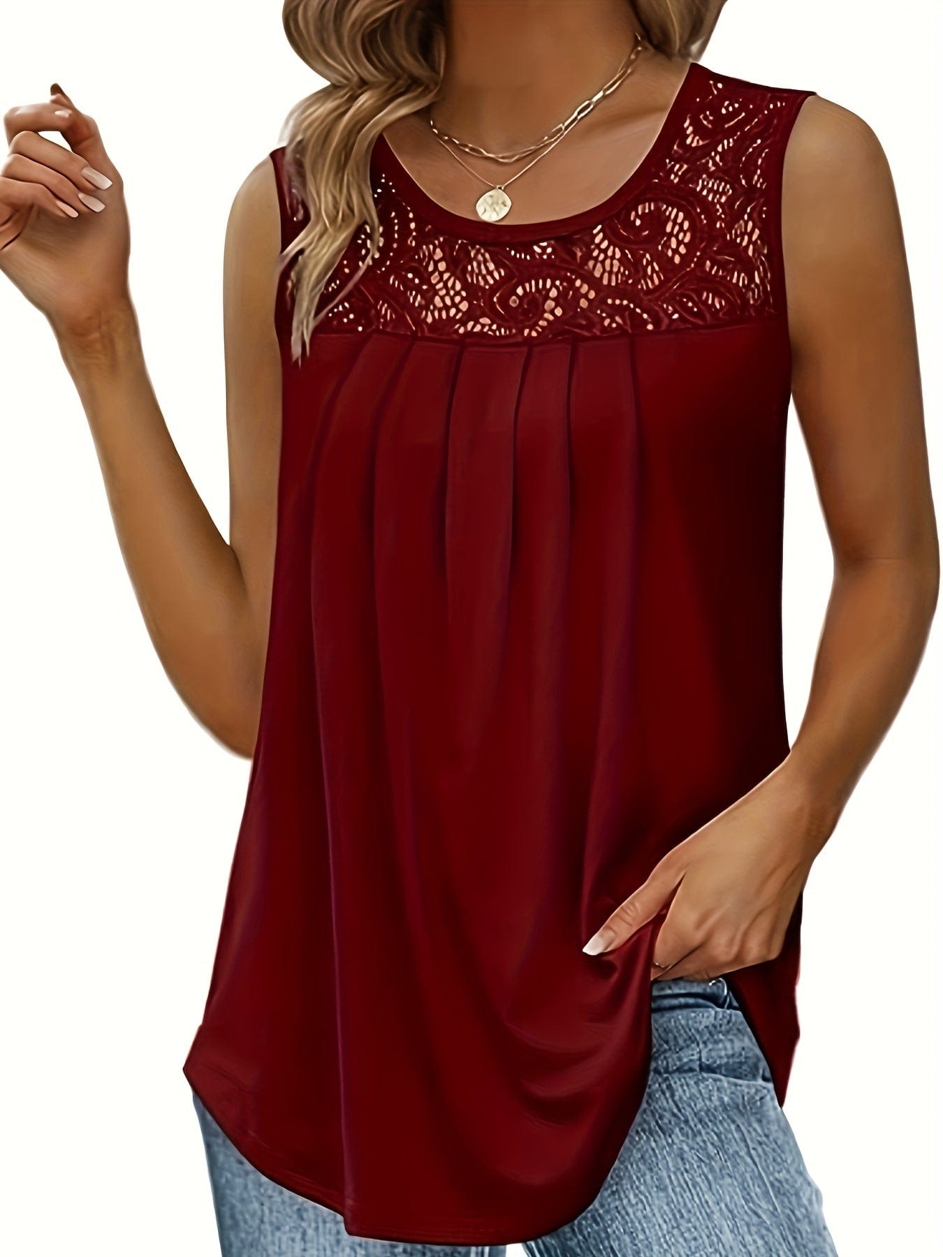 Casual Pleated Lace Stitching Sleeveless Tank Top