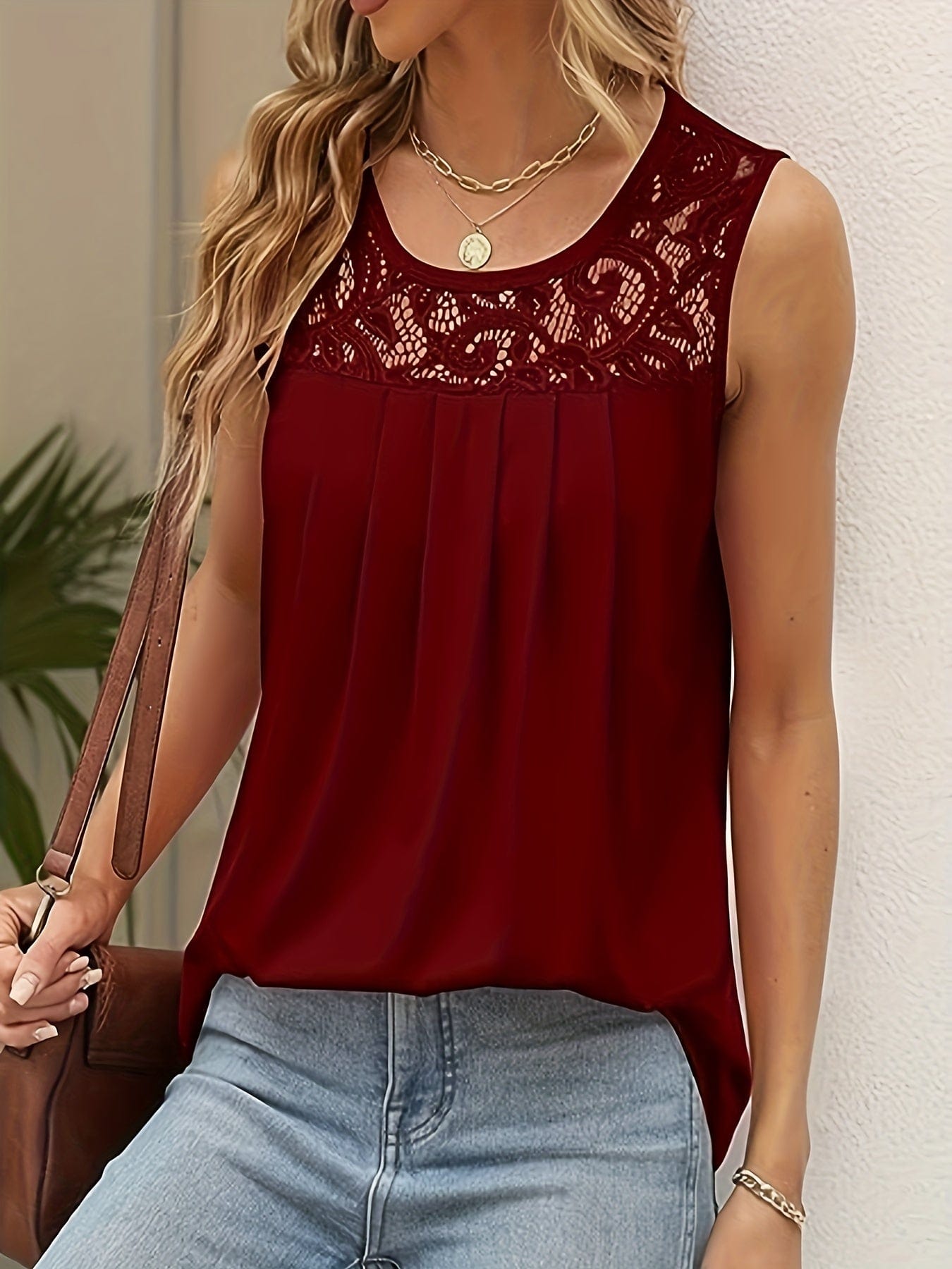 Casual Pleated Lace Stitching Sleeveless Tank Top