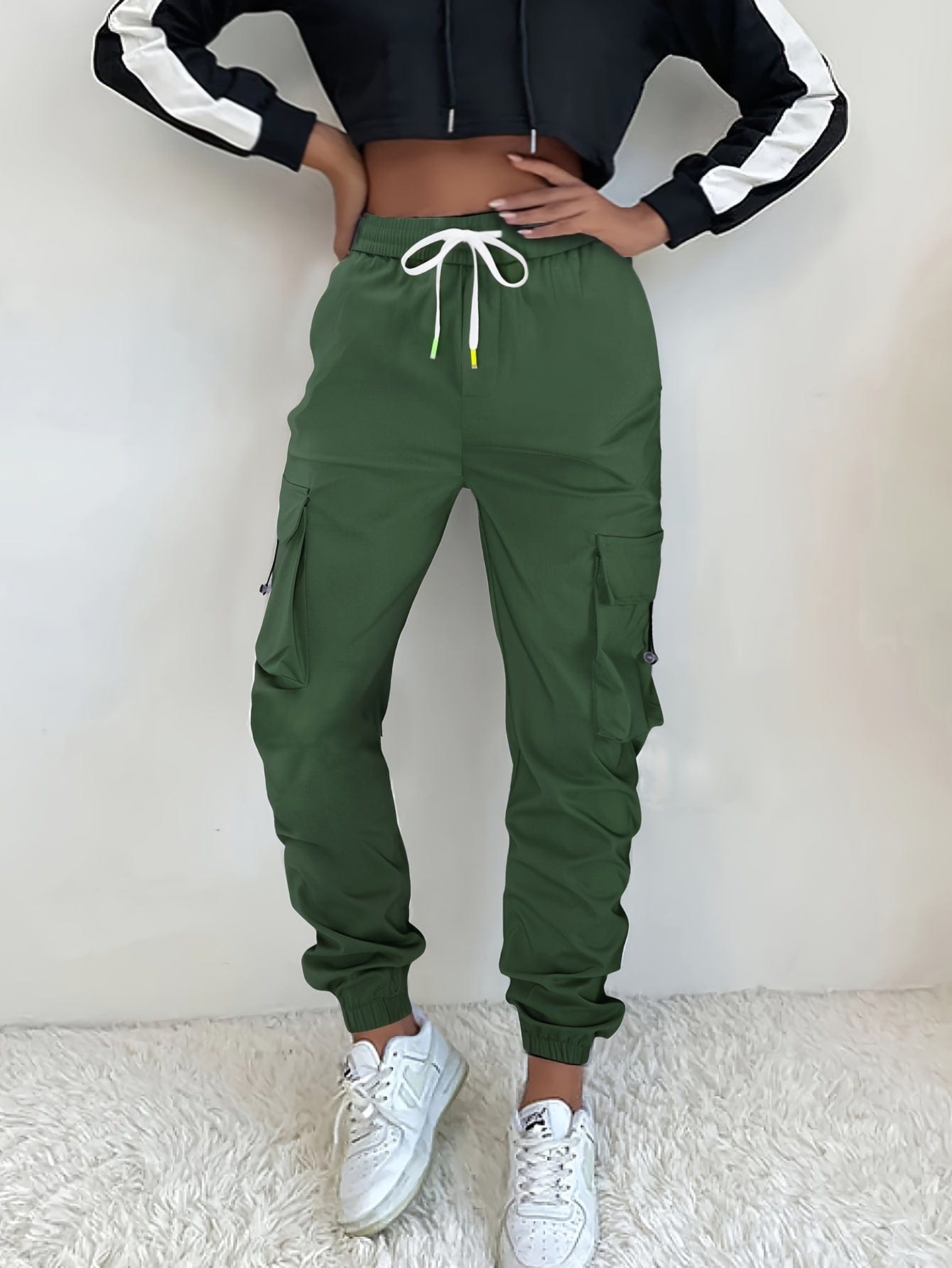 Casual Solid Drawstring Cargo Athleisure Sports Pants