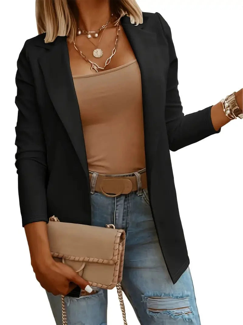 Casual Solid Lapel Blazer for Women: Stylish Open Front Long Sleeve Work Office Outerwear