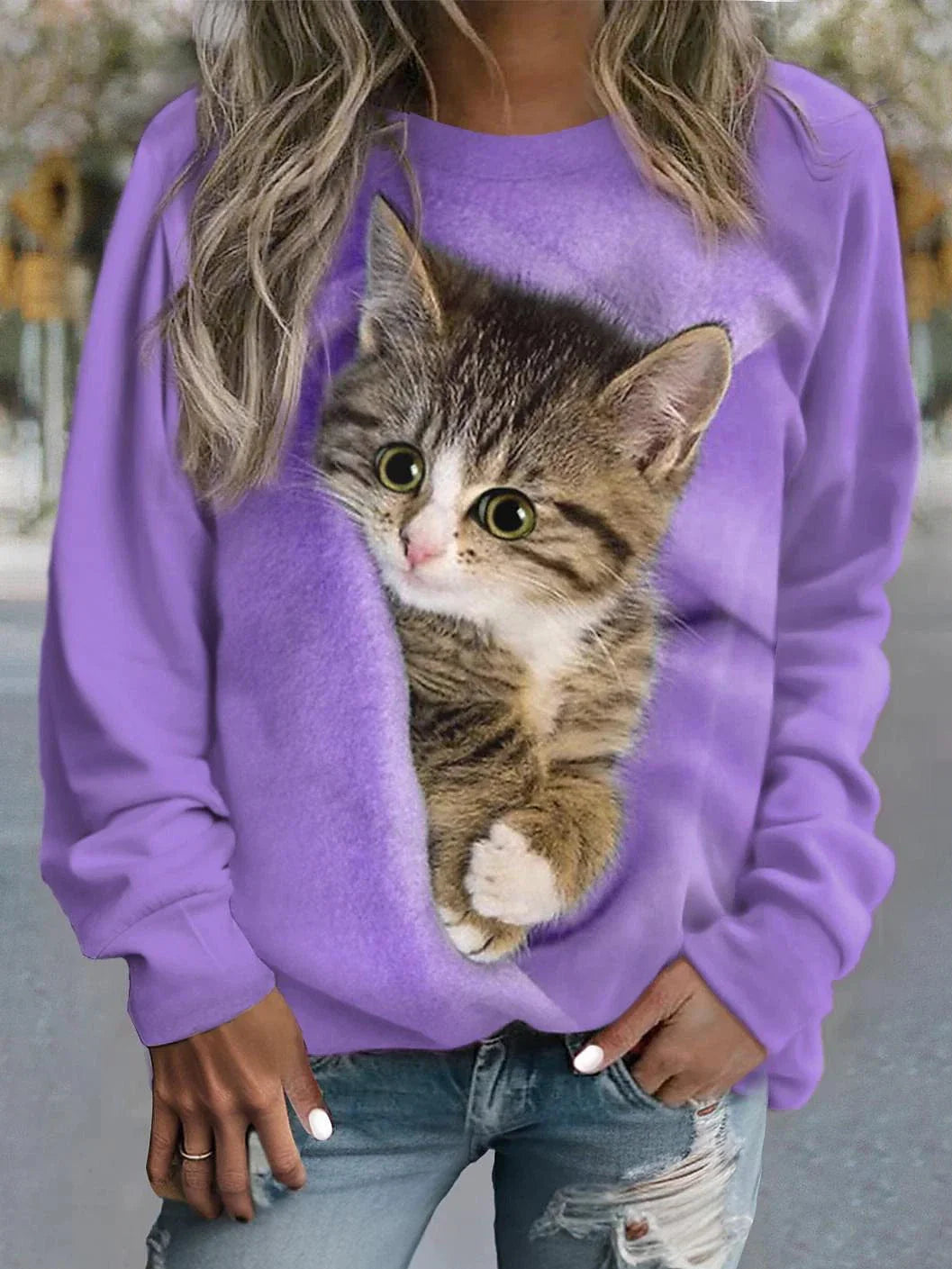 Casual Street Style Women's Cat Print Sweatshirt Pullover