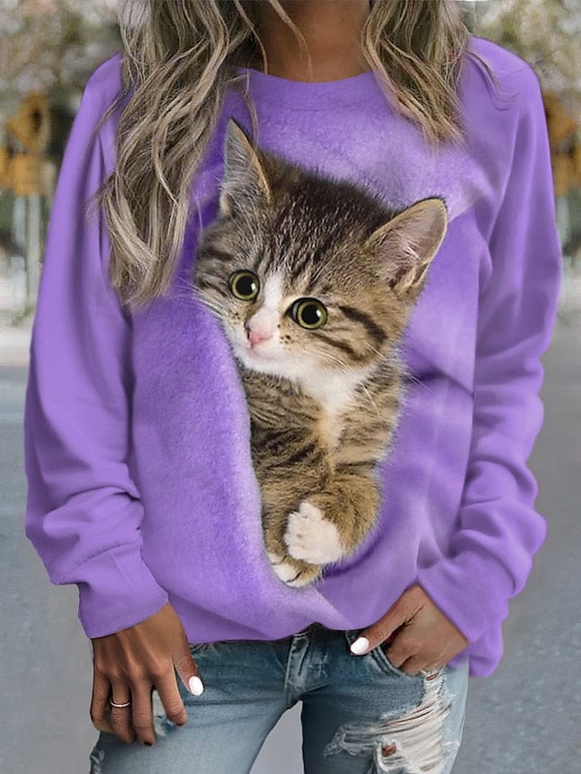 Casual Street Style Women's Cat Print Sweatshirt Pullover