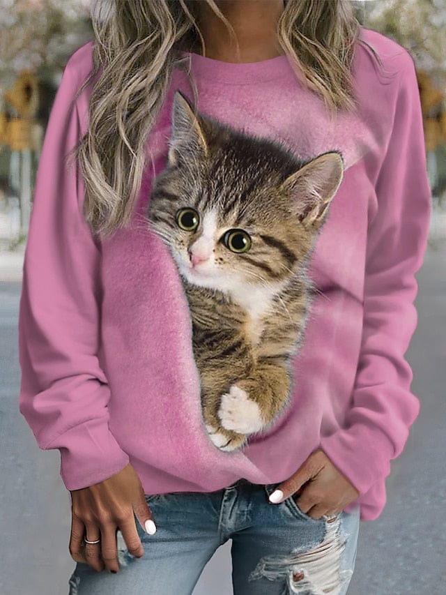 Casual Street Style Women's Cat Print Sweatshirt Pullover