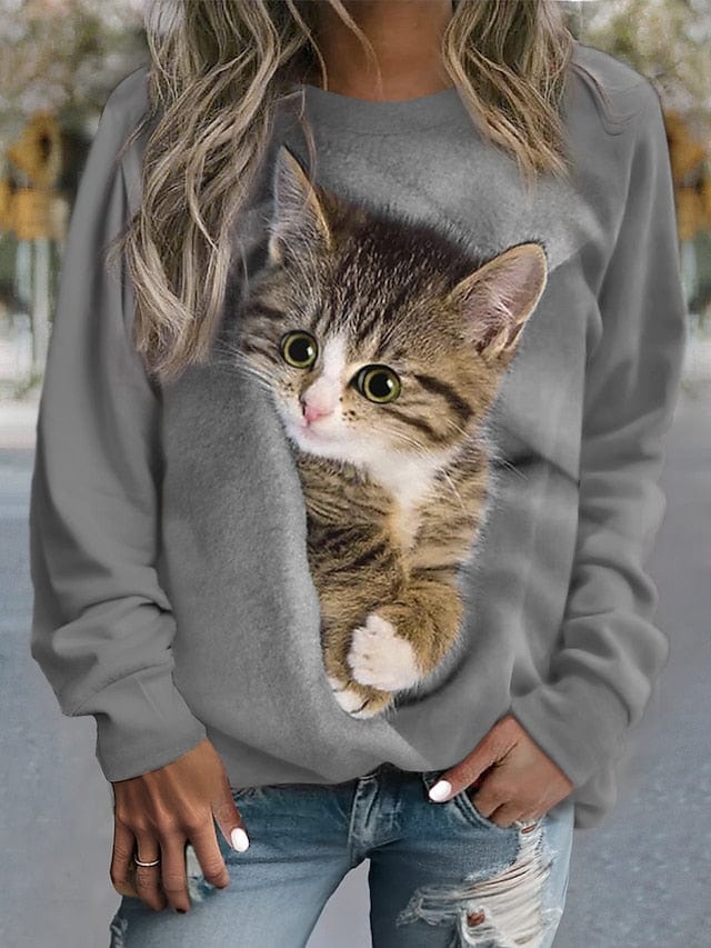 Casual Street Style Women's Cat Print Sweatshirt Pullover
