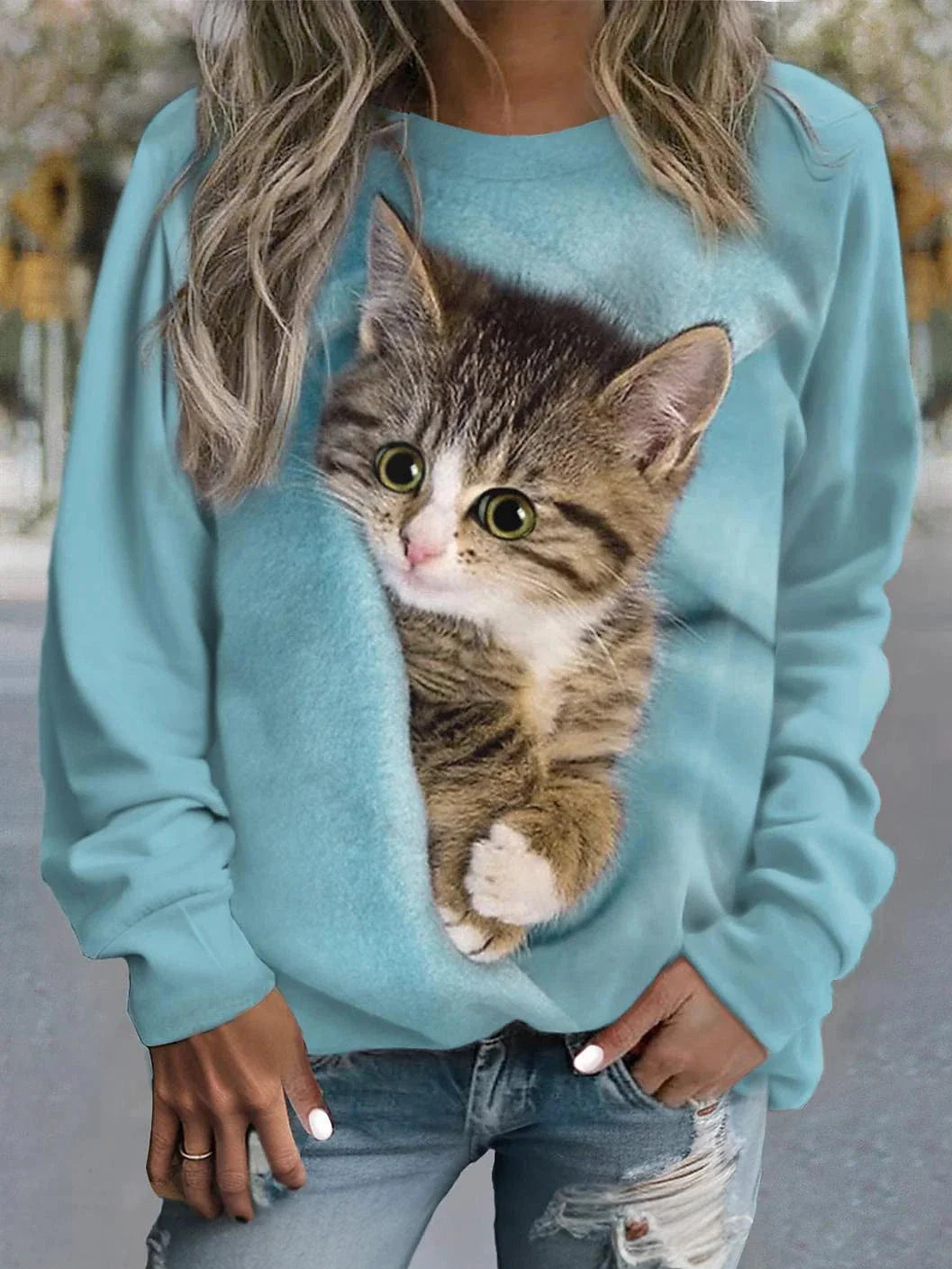 Casual Street Style Women's Cat Print Sweatshirt Pullover