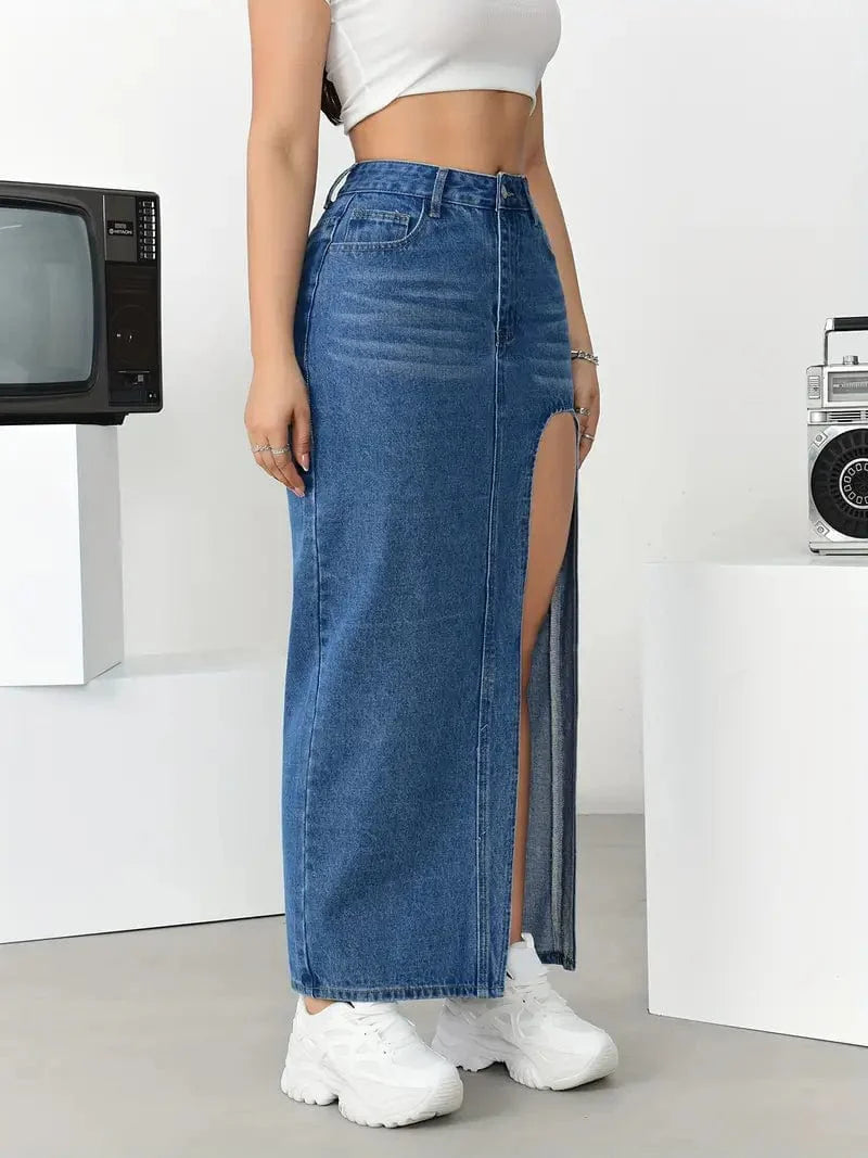 Split Thigh Casual Denim Midi Skirt with Slant Pockets