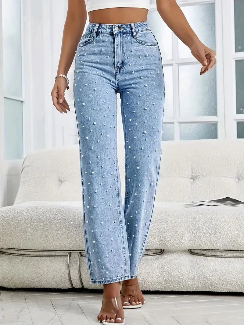 Pearl Embellished Loose Fit Denim Jeans for Women