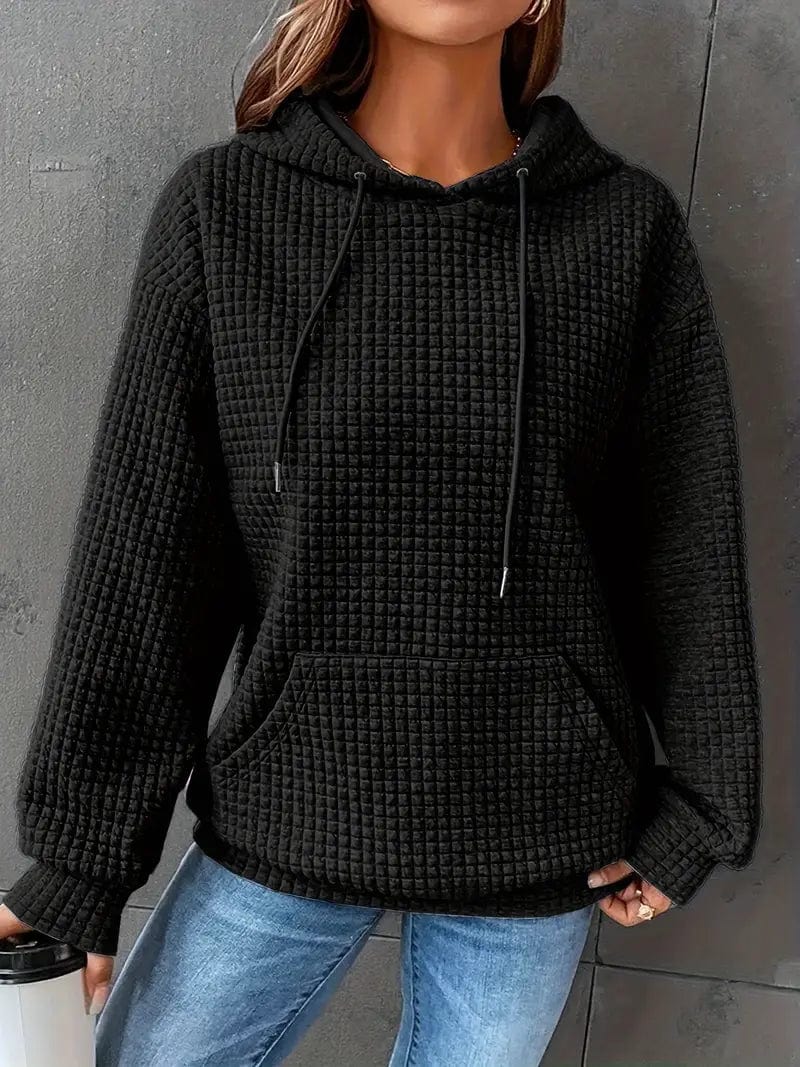 Waffle Grid Kangaroo Pocket Hoodie, Long Sleeve Drawstring Hoodies for Women