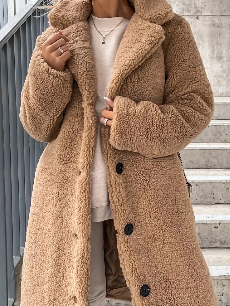 Stylish Teddy Jacket with Button Front Detail, Long Sleeves, Women's Outerwear