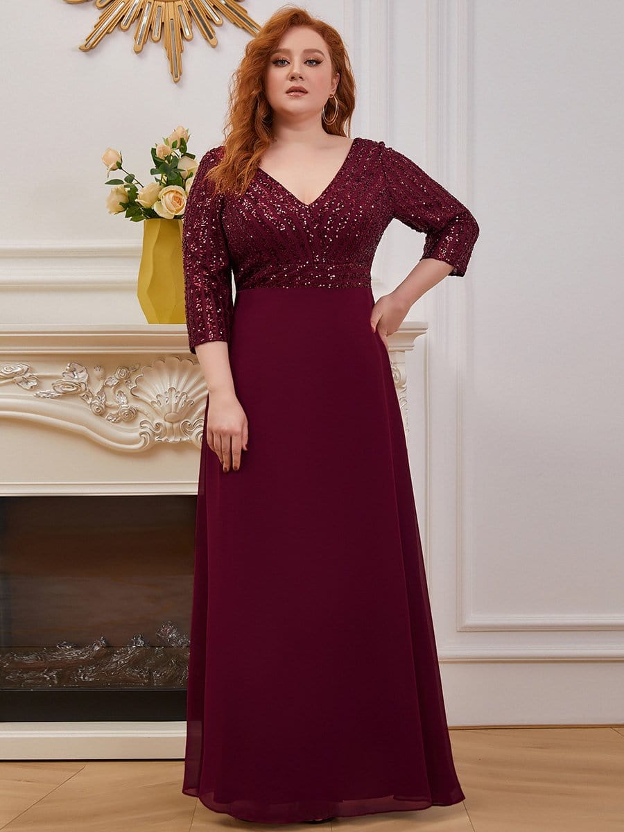 Dazzling Sequin A-Line Plus Size Evening Gown with Long Sleeves