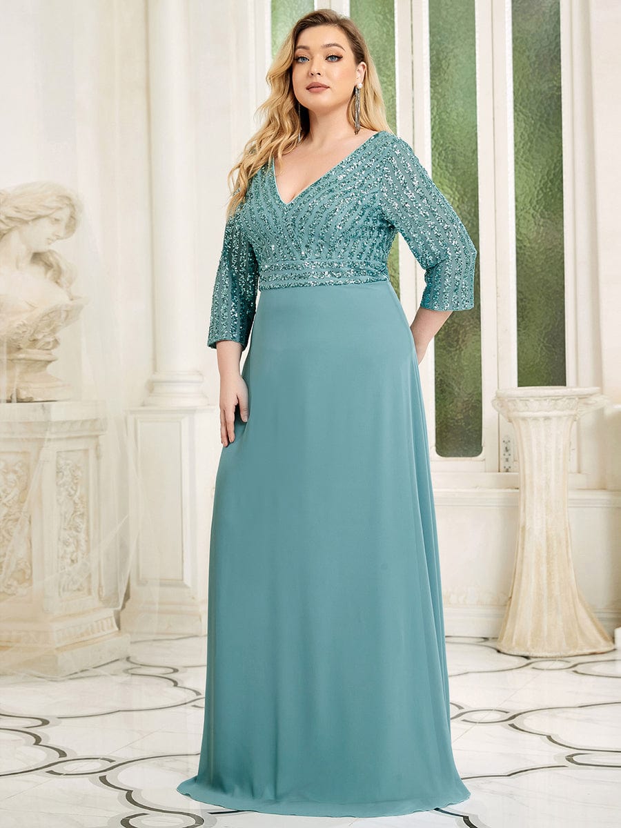 Dazzling Sequin A-Line Plus Size Evening Gown with Long Sleeves