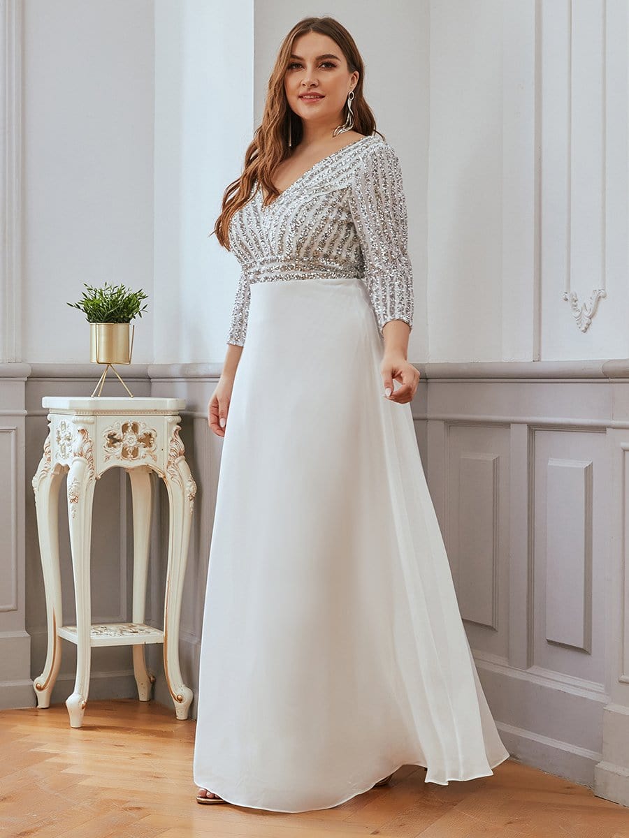 Dazzling Sequin A-Line Plus Size Evening Gown with Long Sleeves