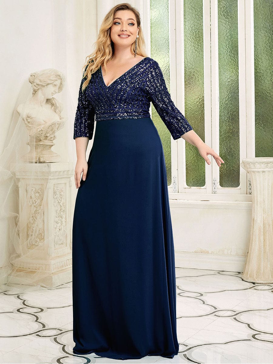 Dazzling Sequin A-Line Plus Size Evening Gown with Long Sleeves