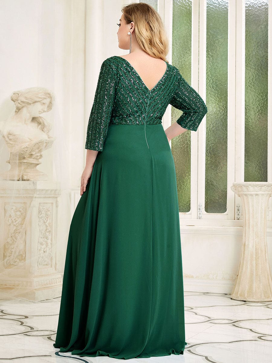 Dazzling Sequin A-Line Plus Size Evening Gown with Long Sleeves