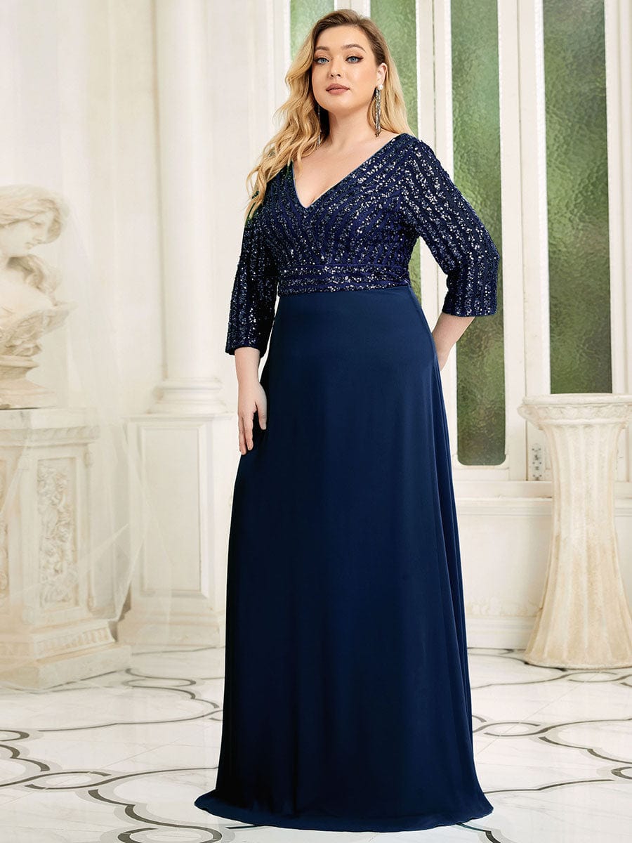 Dazzling Sequin A-Line Plus Size Evening Gown with Long Sleeves