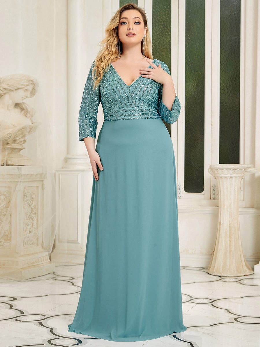 Dazzling Sequin A-Line Plus Size Evening Gown with Long Sleeves