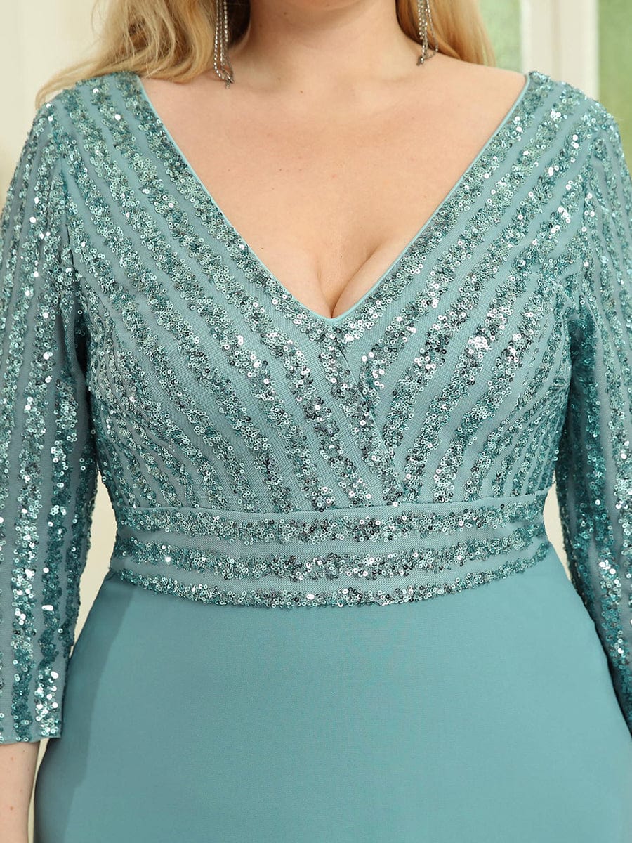Dazzling Sequin A-Line Plus Size Evening Gown with Long Sleeves
