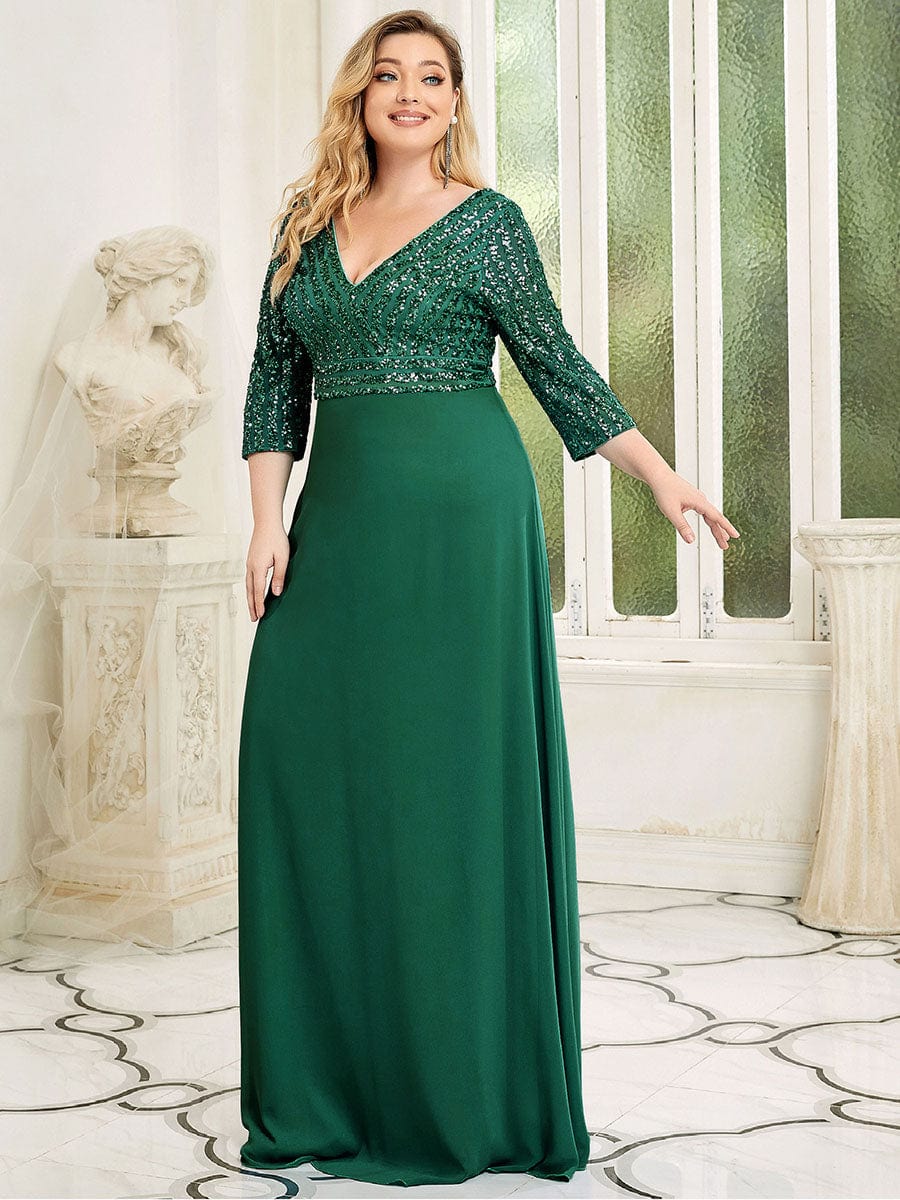 Dazzling Sequin A-Line Plus Size Evening Gown with Long Sleeves