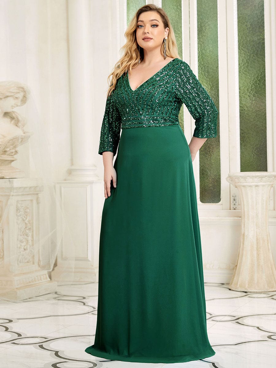 Dazzling Sequin A-Line Plus Size Evening Gown with Long Sleeves