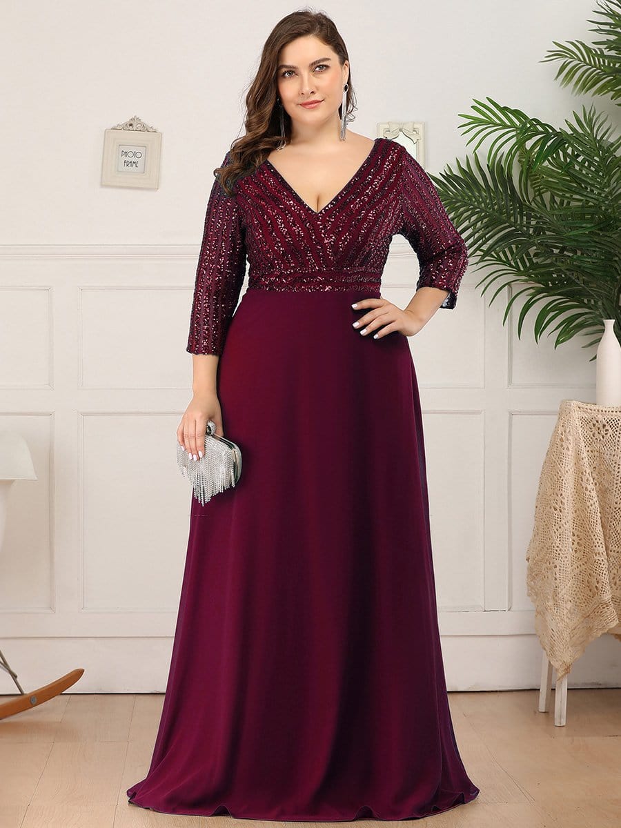 Dazzling Sequin A-Line Plus Size Evening Gown with Long Sleeves