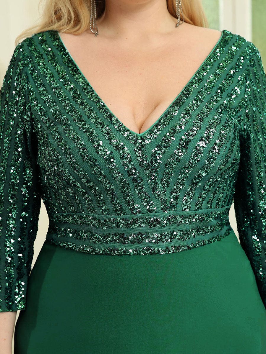 Dazzling Sequin A-Line Plus Size Evening Gown with Long Sleeves