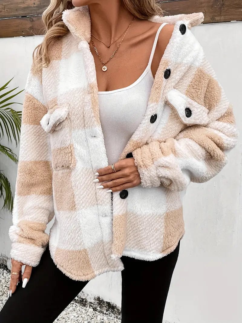 Cozy Plaid Coat with Button Front and Warm Long Sleeves for Women