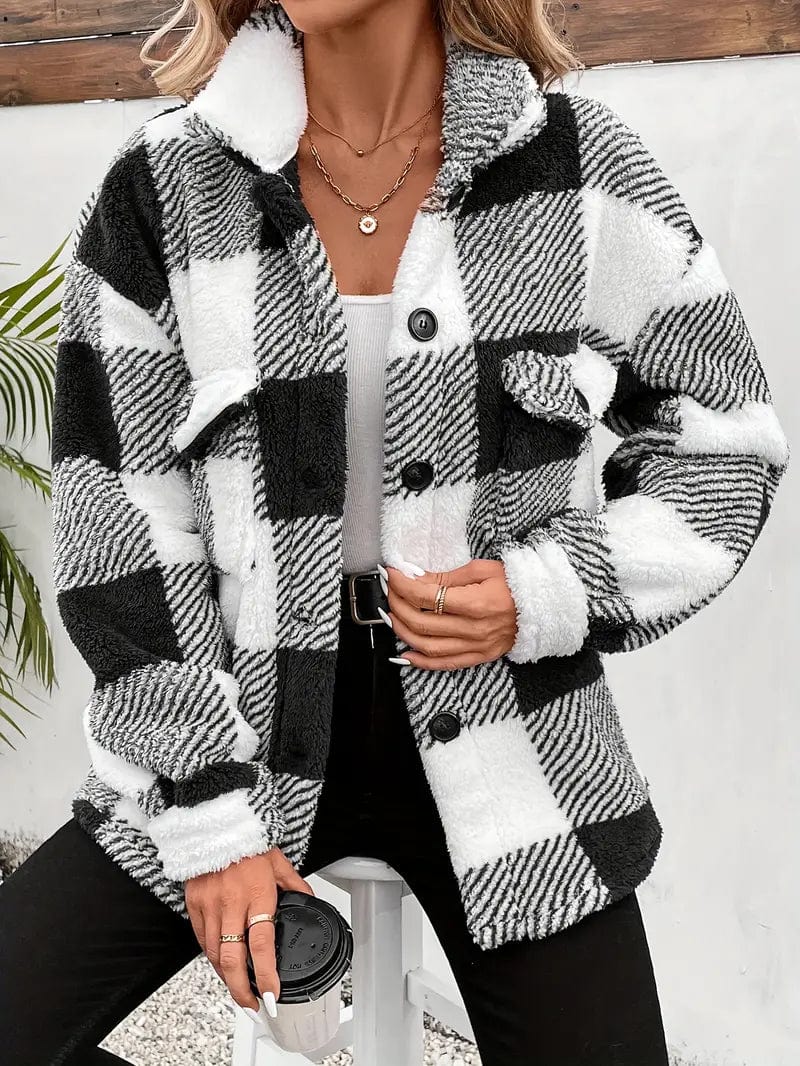 Cozy Plaid Coat with Button Front and Warm Long Sleeves for Women