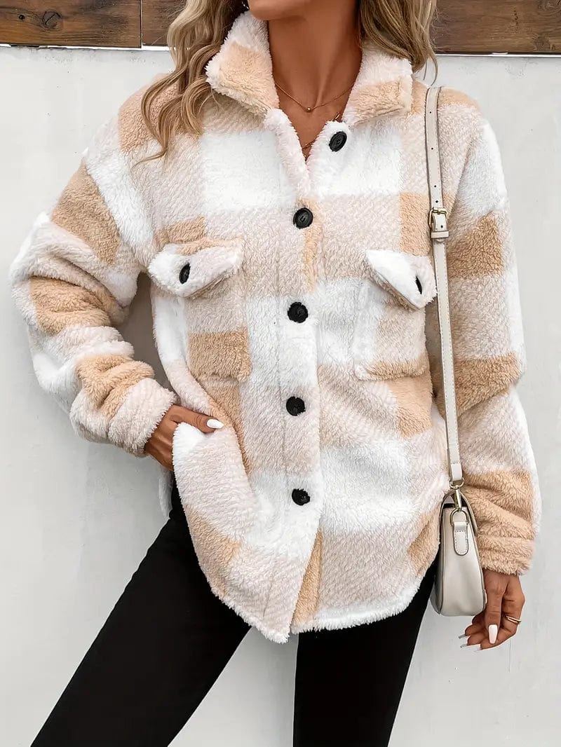 Cozy Plaid Coat with Button Front and Warm Long Sleeves for Women