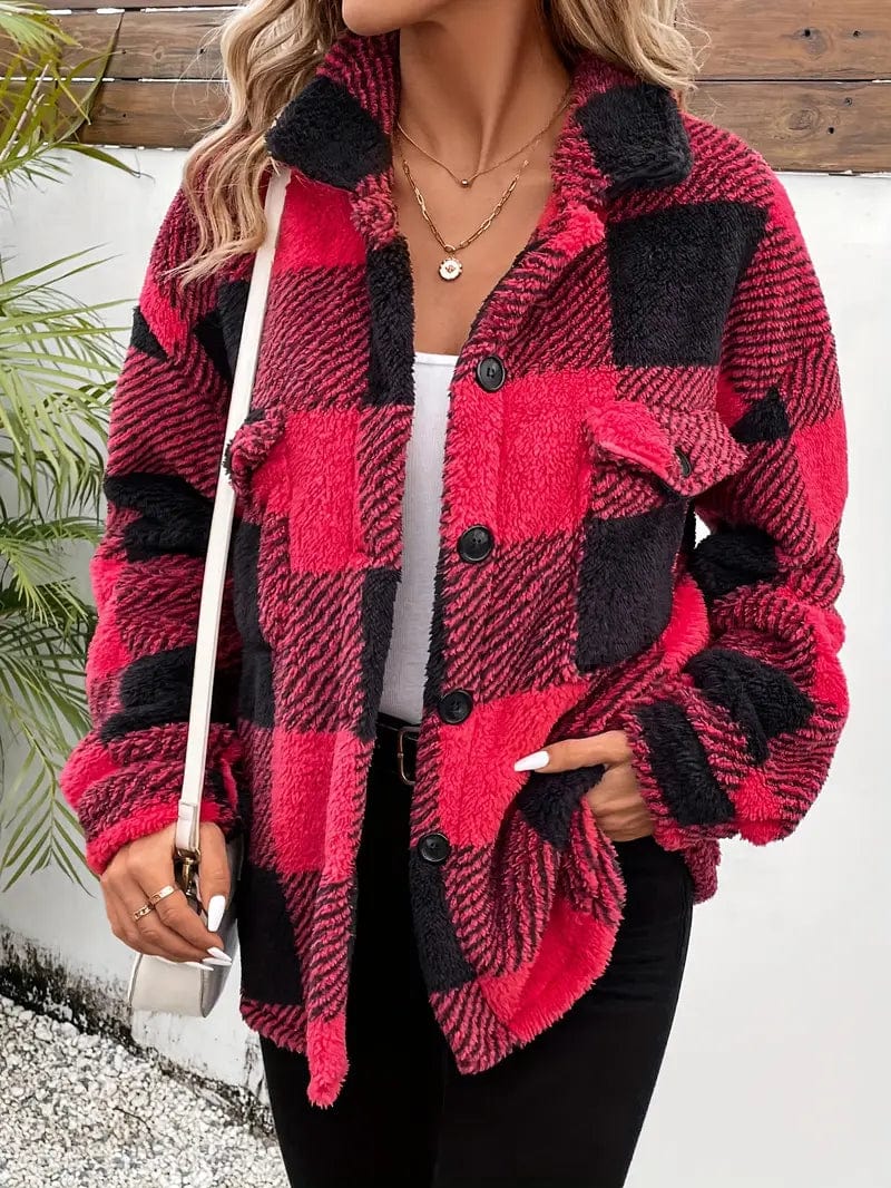 Cozy Plaid Coat with Button Front and Warm Long Sleeves for Women