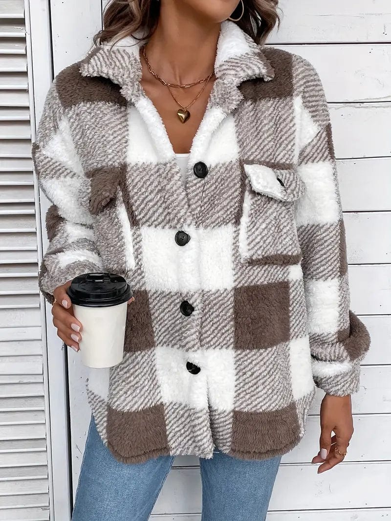 Cozy Plaid Coat with Button Front and Warm Long Sleeves for Women