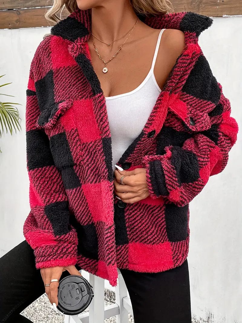 Cozy Plaid Coat with Button Front and Warm Long Sleeves for Women