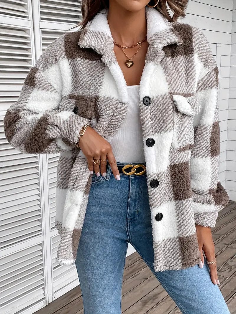 Cozy Plaid Coat with Button Front and Warm Long Sleeves for Women