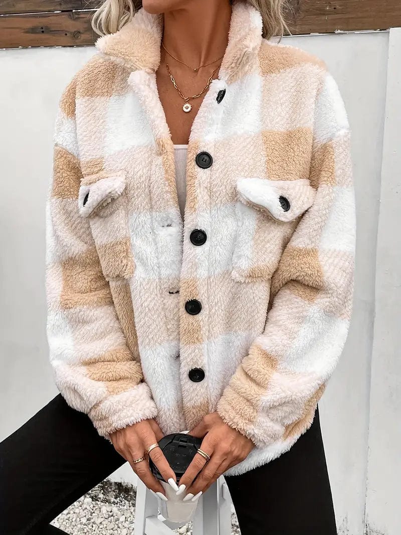 Cozy Plaid Coat with Button Front and Warm Long Sleeves for Women