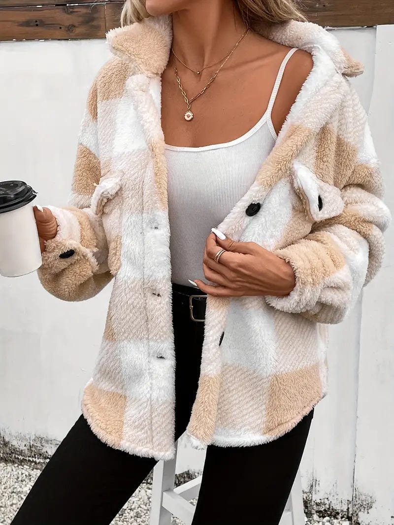 Cozy Plaid Coat with Button Front and Warm Long Sleeves for Women