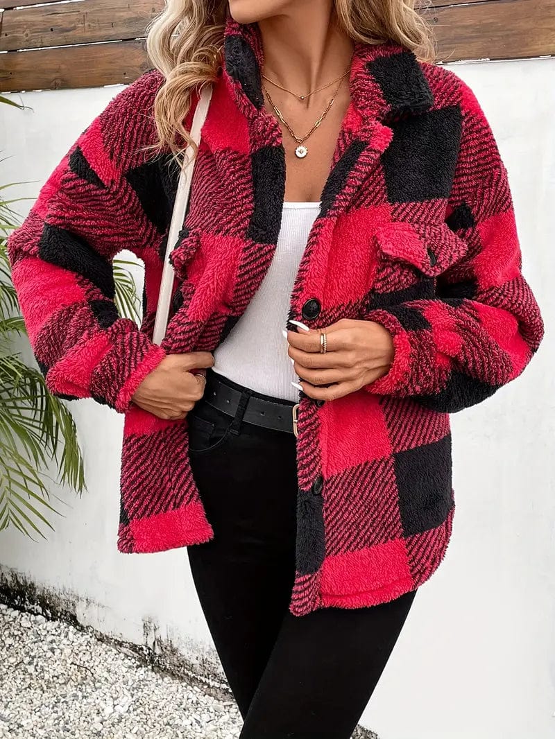 Cozy Plaid Coat with Button Front and Warm Long Sleeves for Women