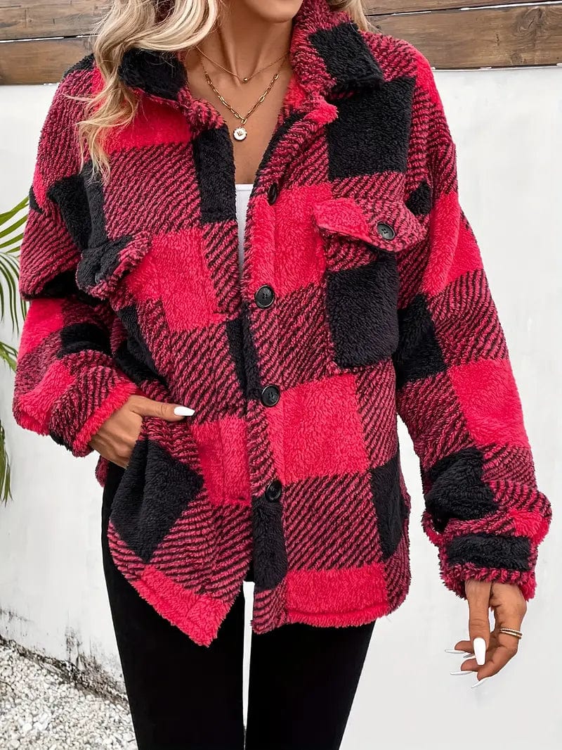 Cozy Plaid Coat with Button Front and Warm Long Sleeves for Women