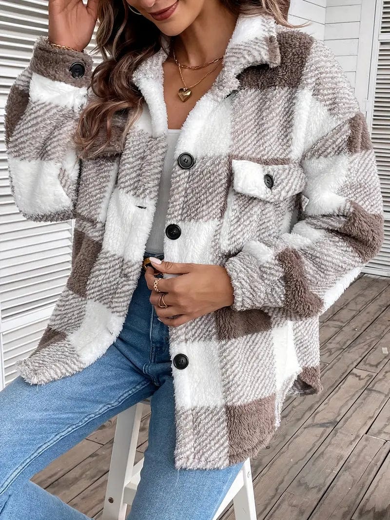 Cozy Plaid Coat with Button Front and Warm Long Sleeves for Women
