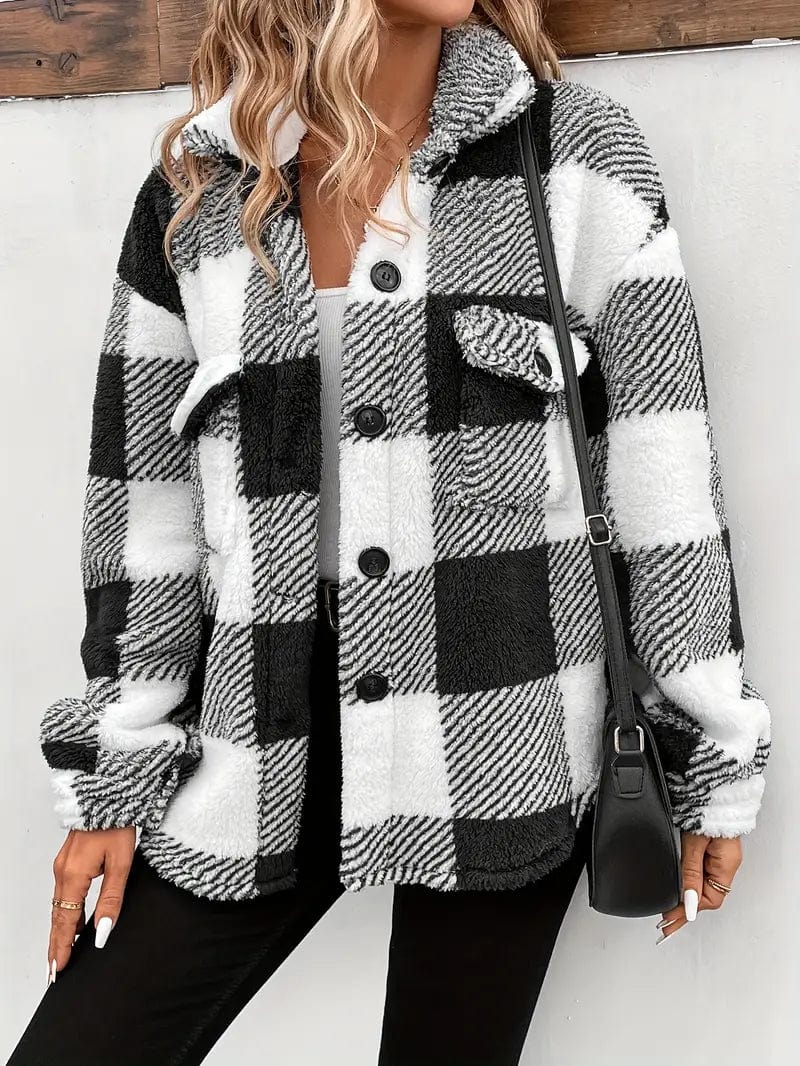 Cozy Plaid Coat with Button Front and Warm Long Sleeves for Women