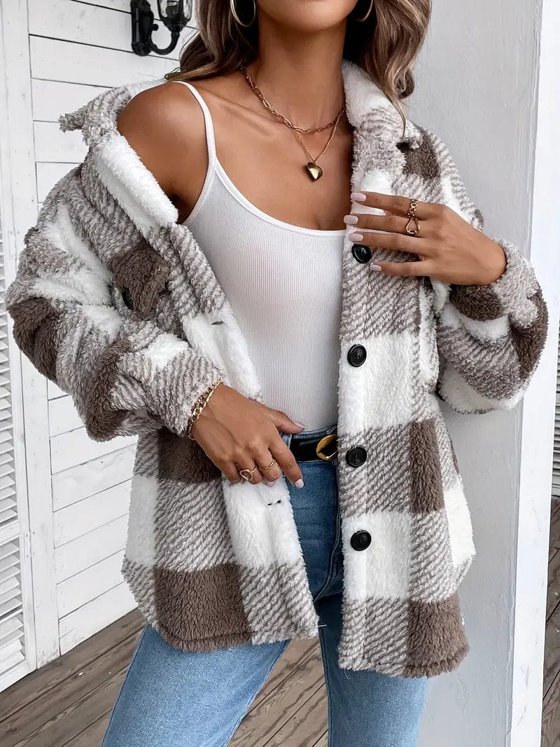 Cozy Plaid Coat with Button Front and Warm Long Sleeves for Women