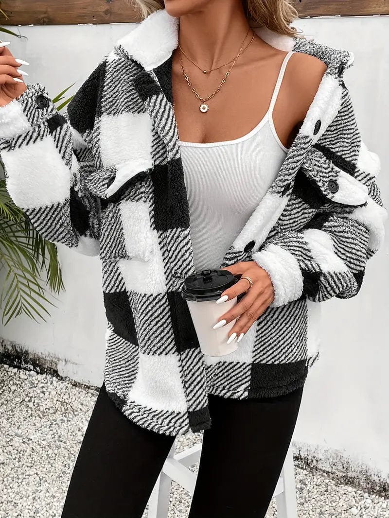 Cozy Plaid Coat with Button Front and Warm Long Sleeves for Women