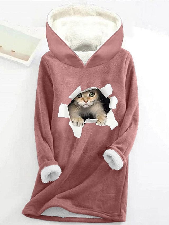 Cozy Sherpa Fleece Lined Women's Cat Print Hoodie Sweatshirt