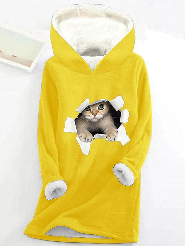 Cozy Sherpa Fleece Lined Women's Cat Print Hoodie Sweatshirt